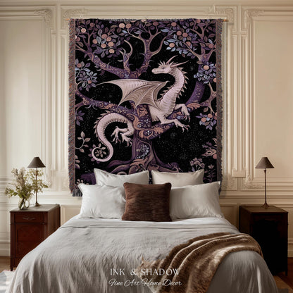 Bohemian Mystic Dragon Tapestry Blanket Whimsical Celestial Night Dark Nature Art | Boho Fantasy Decor Eclectic Purple Mystic Forest Throw