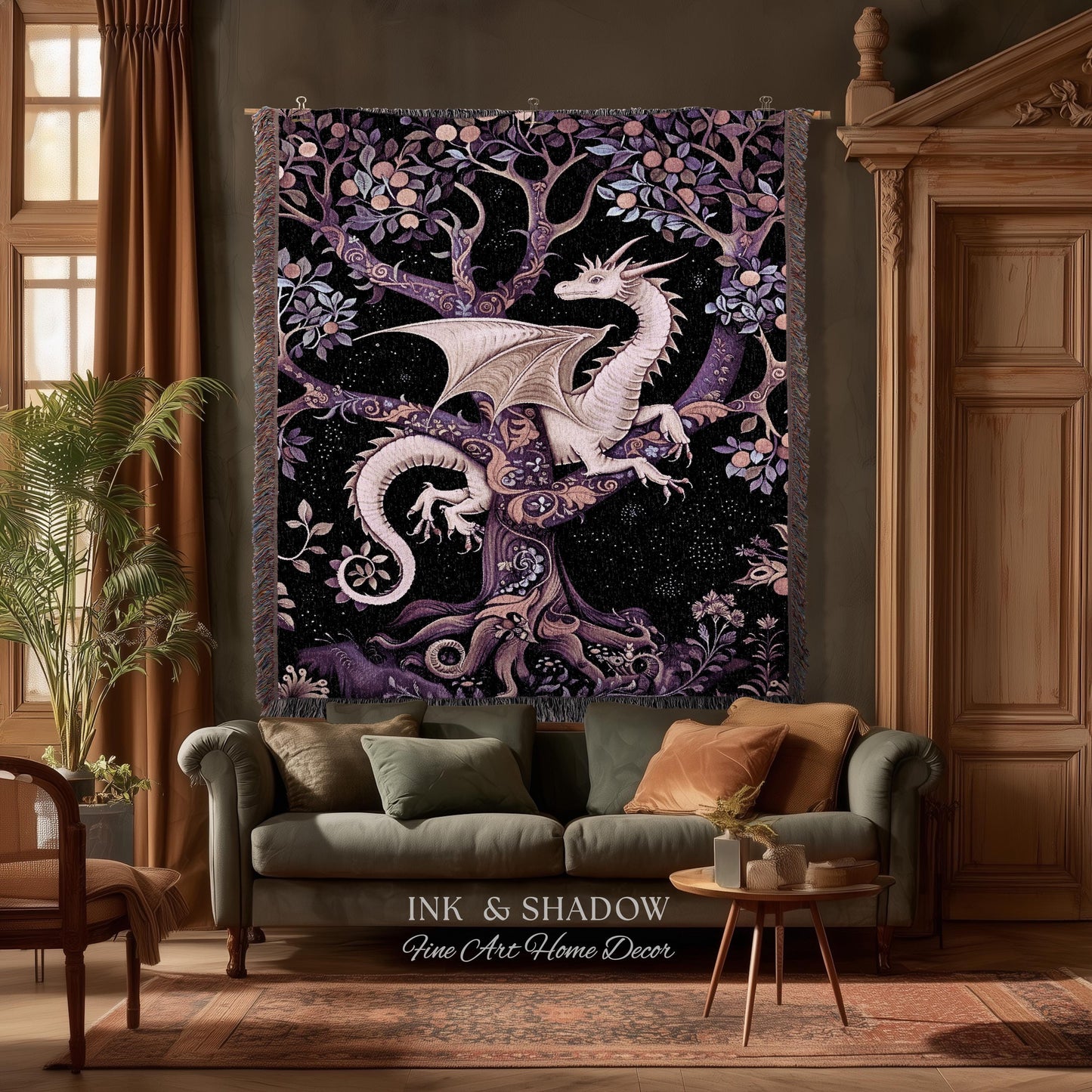 Bohemian Mystic Dragon Tapestry Blanket Whimsical Celestial Night Dark Nature Art | Boho Fantasy Decor Eclectic Purple Mystic Forest Throw