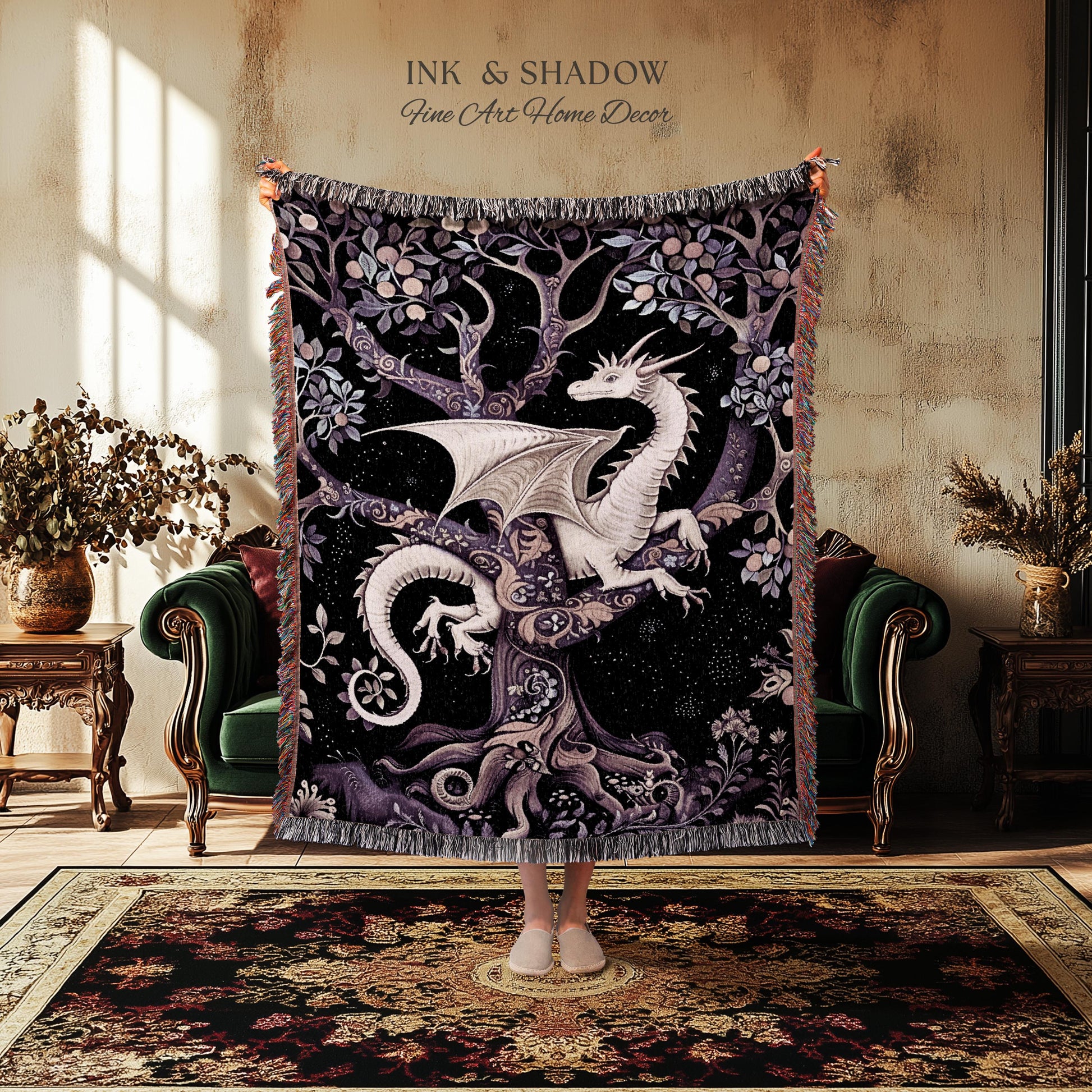 Bohemian Mystic Dragon Tapestry Blanket Whimsical Celestial Night Dark Nature Art | Boho Fantasy Decor Eclectic Purple Mystic Forest Throw