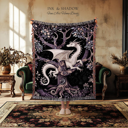 Bohemian Mystic Dragon Tapestry Blanket Whimsical Celestial Night Dark Nature Art | Boho Fantasy Decor Eclectic Purple Mystic Forest Throw