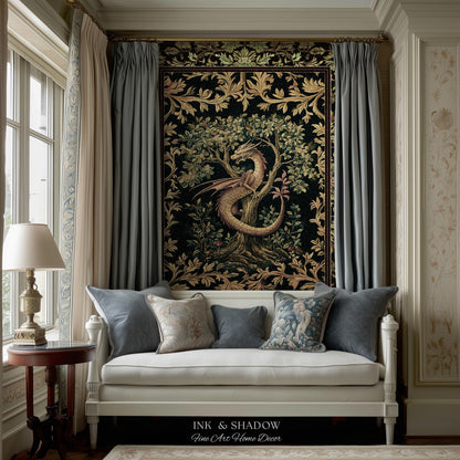 Ornate Victorian Gothic Dragon Blanket Enchanted Baroque Medieval Forestcore Tapestry Throw Mystical Vintage Fantasy Whimsical Woodland Home