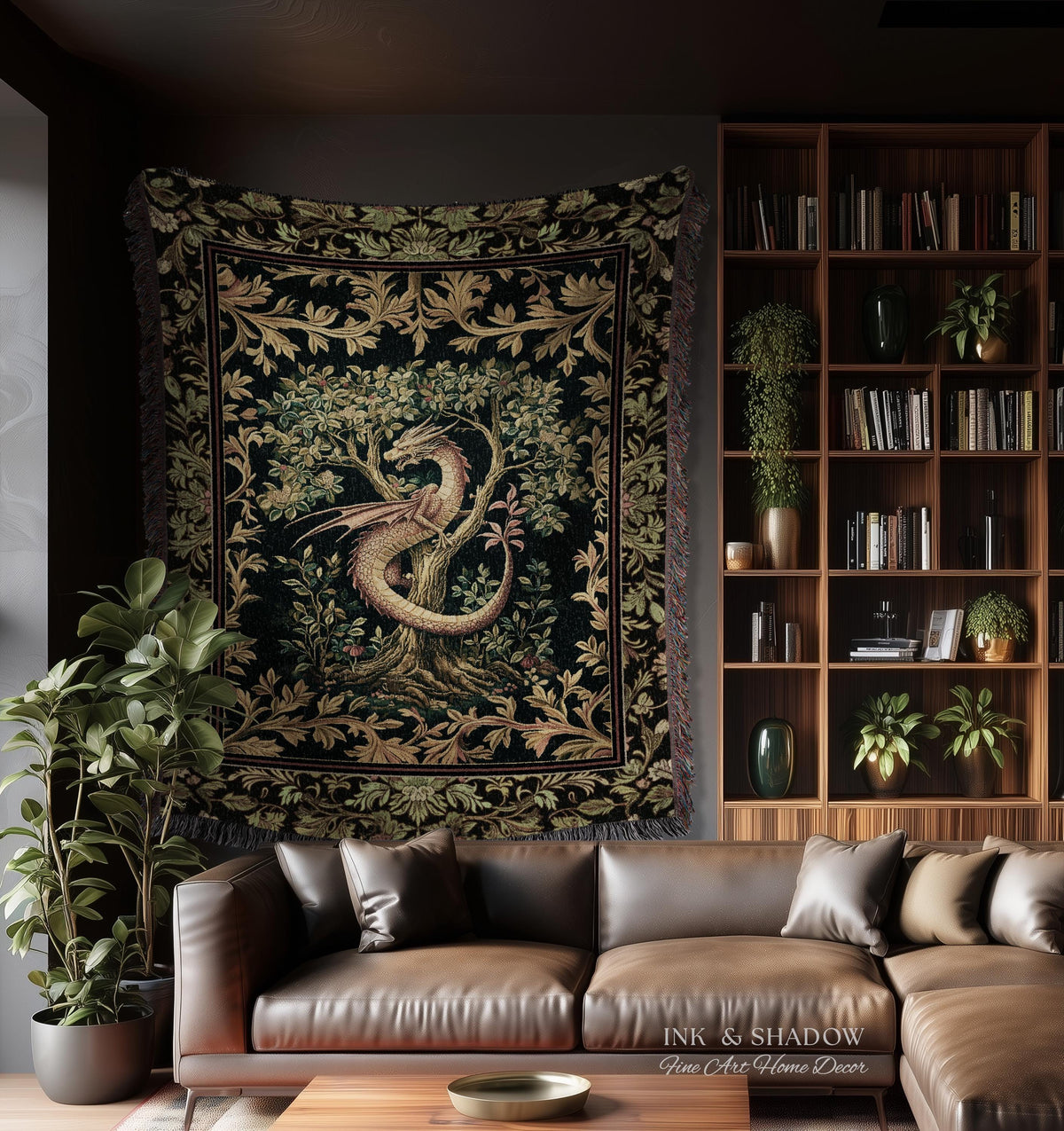 Ornate Victorian Gothic Dragon Blanket Enchanted Baroque Medieval Forestcore Tapestry Throw Mystical Vintage Fantasy Whimsical Woodland Home