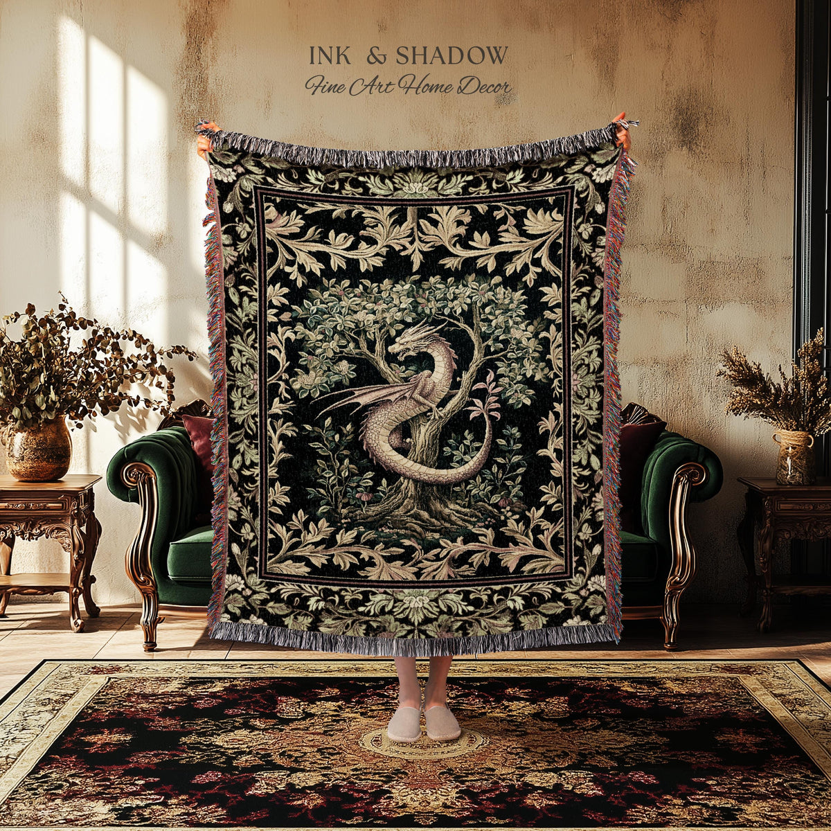 Ornate Victorian Gothic Dragon Blanket Enchanted Baroque Medieval Forestcore Tapestry Throw Mystical Vintage Fantasy Whimsical Woodland Home