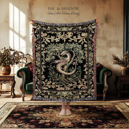 Ornate Victorian Gothic Dragon Blanket Enchanted Baroque Medieval Forestcore Tapestry Throw Mystical Vintage Fantasy Whimsical Woodland Home
