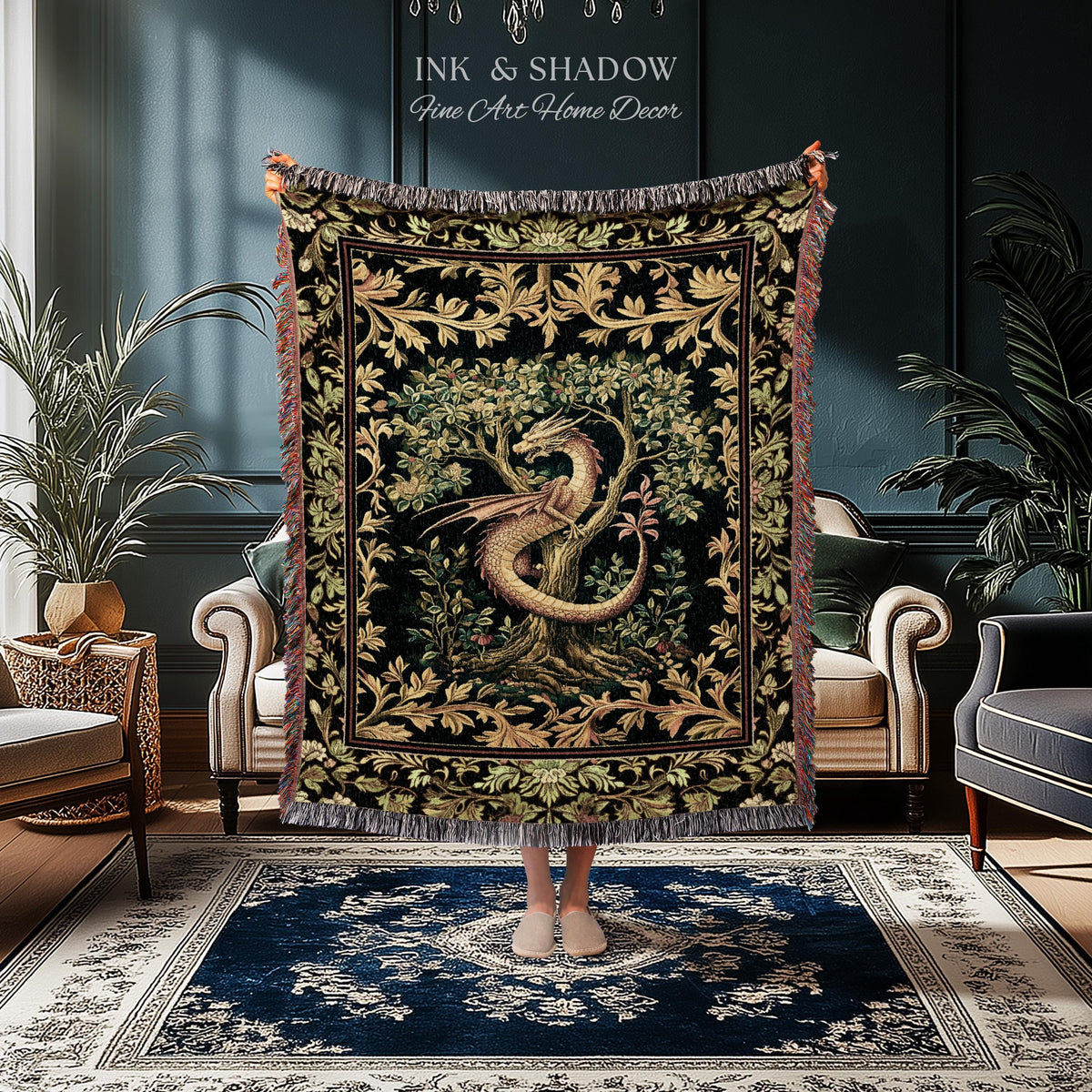 Ornate Victorian Gothic Dragon Blanket Enchanted Baroque Medieval Forestcore Tapestry Throw Mystical Vintage Fantasy Whimsical Woodland Home