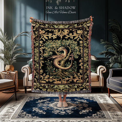 Ornate Victorian Gothic Dragon Blanket Enchanted Baroque Medieval Forestcore Tapestry Throw Mystical Vintage Fantasy Whimsical Woodland Home