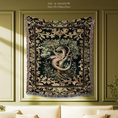 Ornate Victorian Gothic Dragon Blanket Enchanted Baroque Medieval Forestcore Tapestry Throw Mystical Vintage Fantasy Whimsical Woodland Home