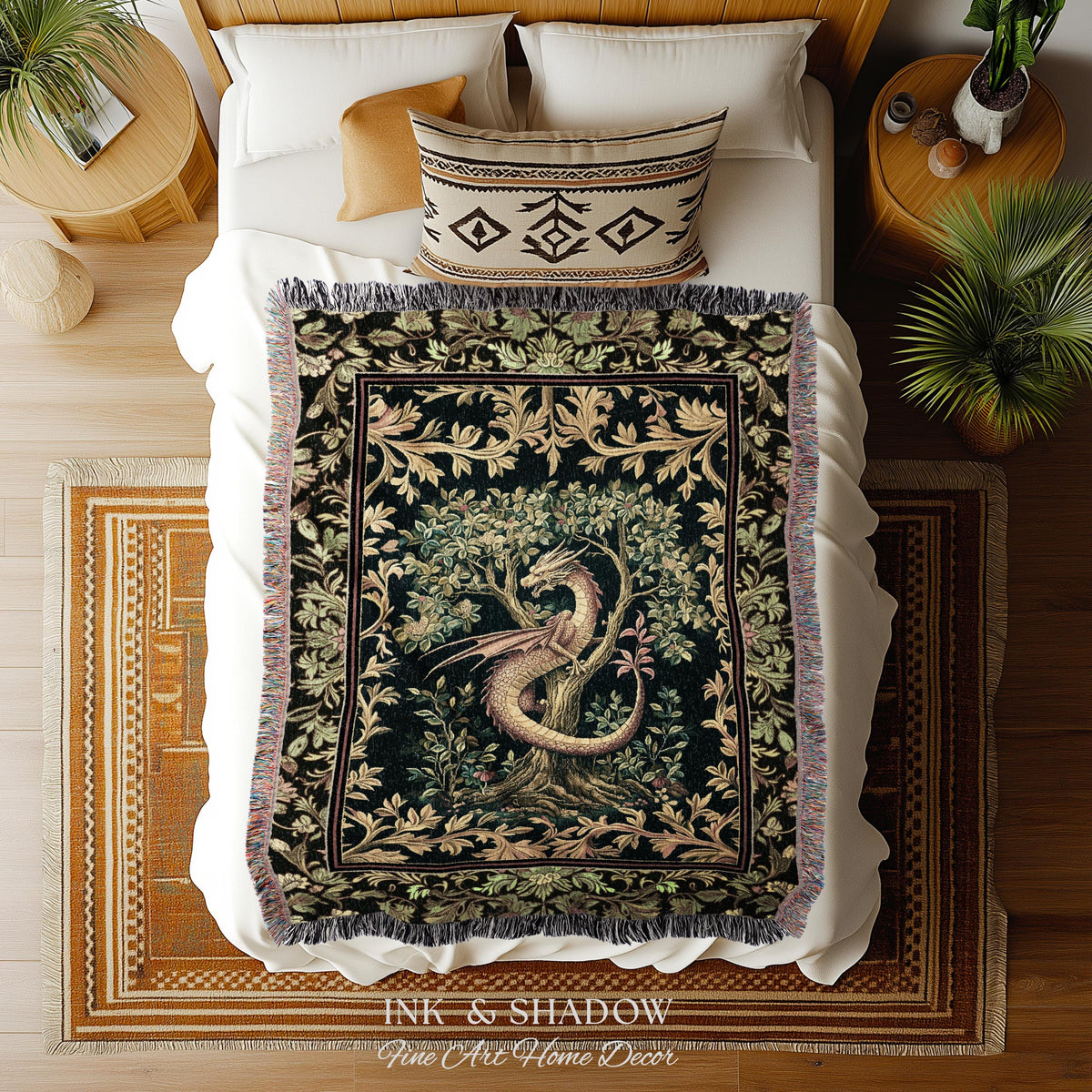Ornate Victorian Gothic Dragon Blanket Enchanted Baroque Medieval Forestcore Tapestry Throw Mystical Vintage Fantasy Whimsical Woodland Home