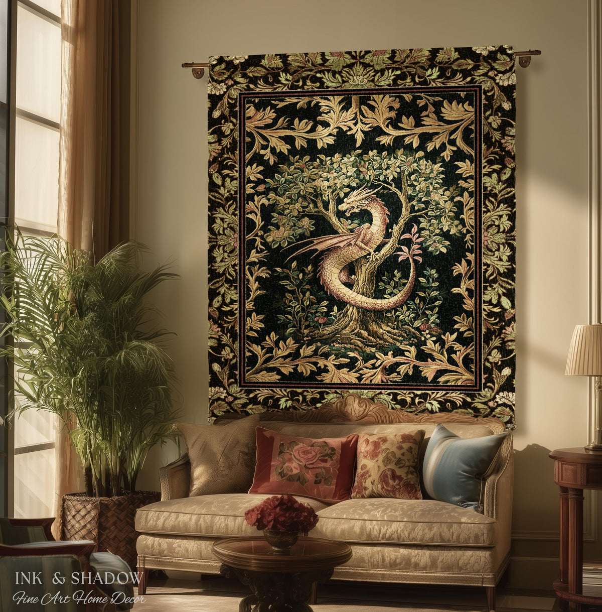 Ornate Victorian Gothic Dragon Blanket Enchanted Baroque Medieval Forestcore Tapestry Throw Mystical Vintage Fantasy Whimsical Woodland Home