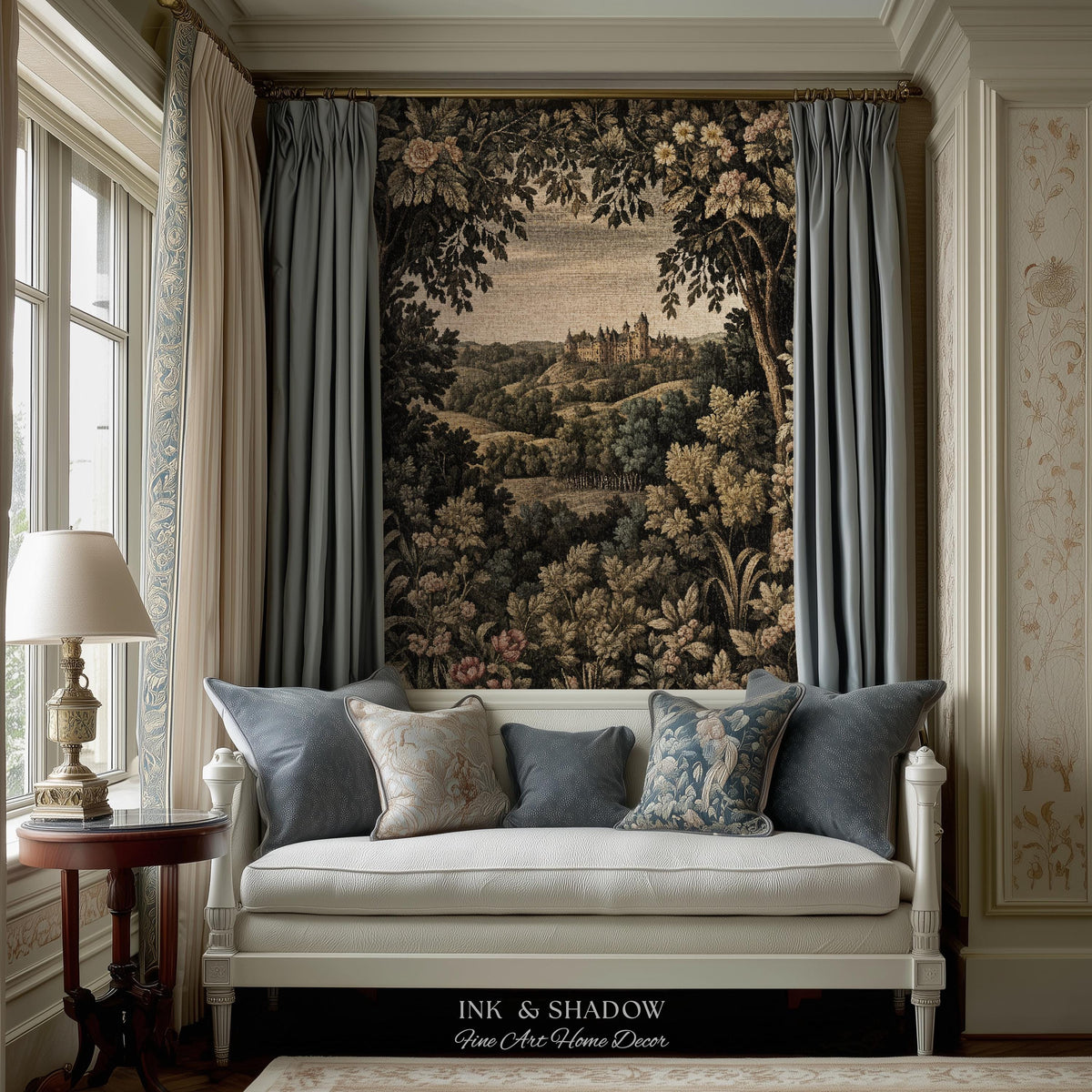 Medieval Meadow Tapestry Blanket | Rustic Fairytale Castle Landscape Woodland Fairy Folklore Princesscore Aesthetic Mystic Victorian Floral