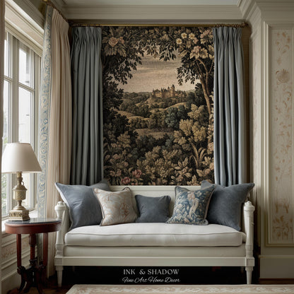 Medieval Meadow Tapestry Blanket | Rustic Fairytale Castle Landscape Woodland Fairy Folklore Princesscore Aesthetic Mystic Victorian Floral