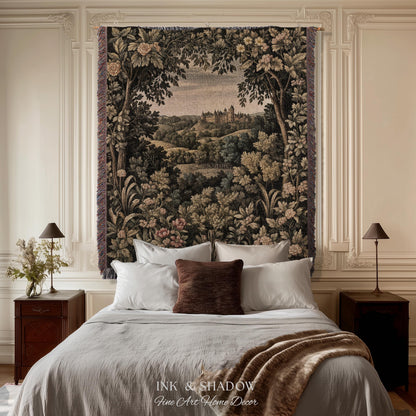 Medieval Meadow Tapestry Blanket | Rustic Fairytale Castle Landscape Woodland Fairy Folklore Princesscore Aesthetic Mystic Victorian Floral