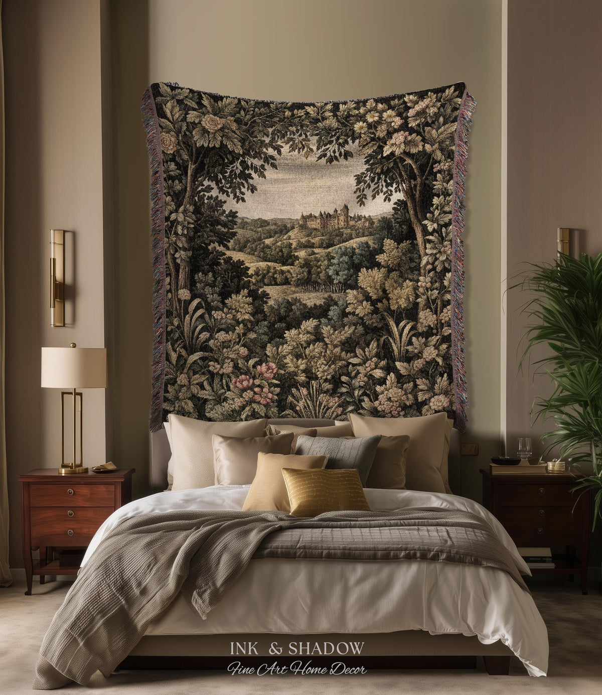 Medieval Meadow Tapestry Blanket | Rustic Fairytale Castle Landscape Woodland Fairy Folklore Princesscore Aesthetic Mystic Victorian Floral