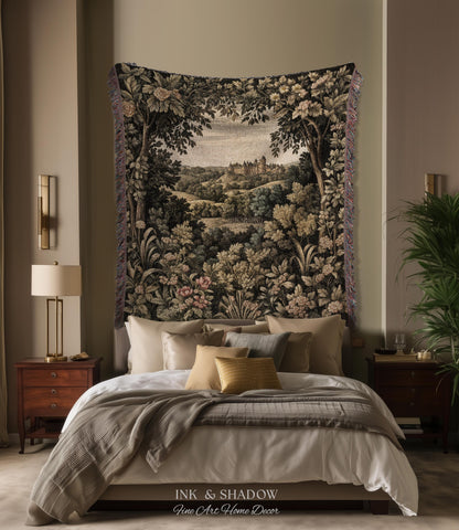 Medieval Meadow Tapestry Blanket | Rustic Fairytale Castle Landscape Woodland Fairy Folklore Princesscore Aesthetic Mystic Victorian Floral