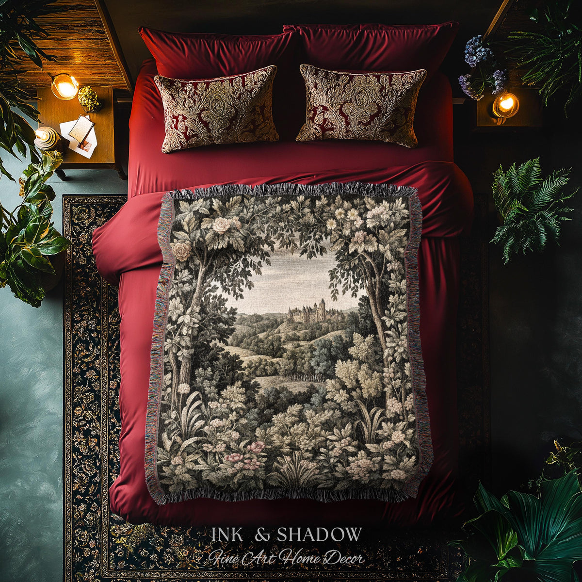 Medieval Meadow Tapestry Blanket | Rustic Fairytale Castle Landscape Woodland Fairy Folklore Princesscore Aesthetic Mystic Victorian Floral