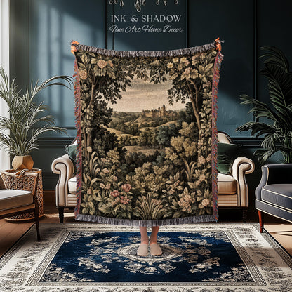 Medieval Meadow Tapestry Blanket | Rustic Fairytale Castle Landscape Woodland Fairy Folklore Princesscore Aesthetic Mystic Victorian Floral