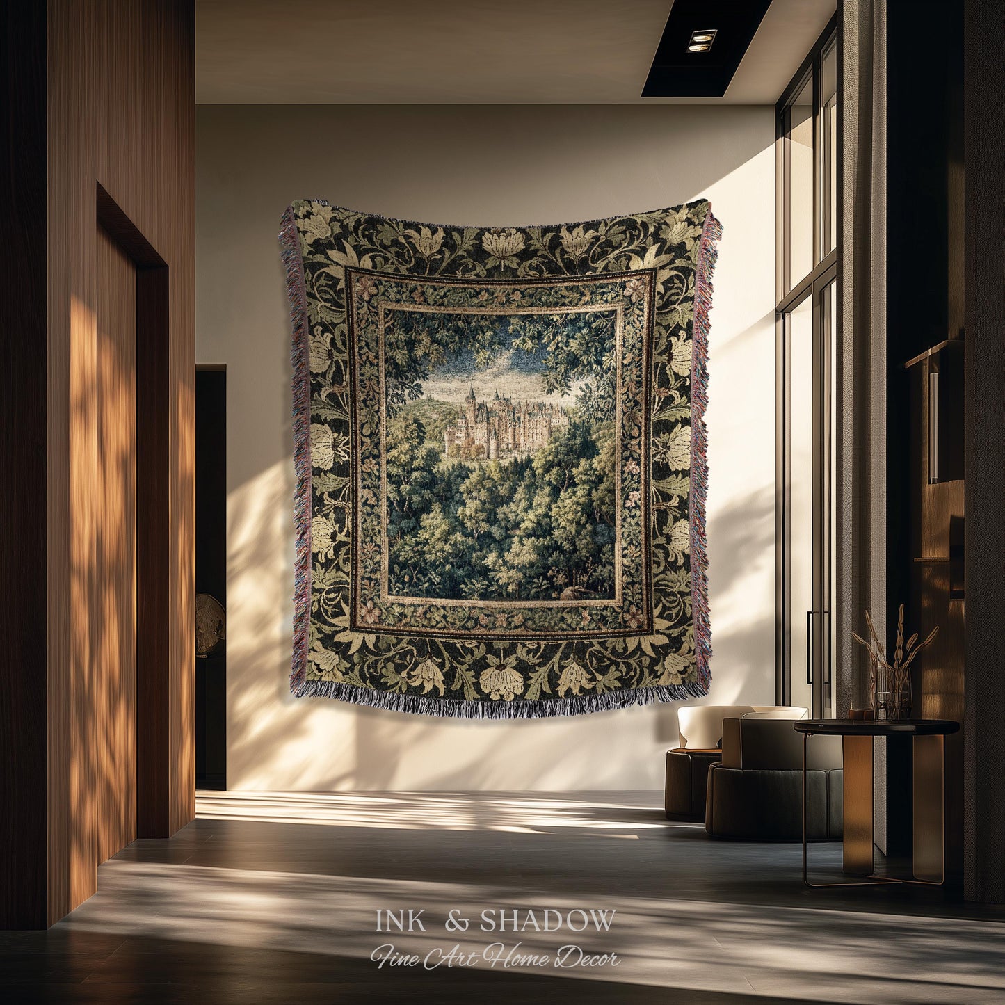 Ethereal Fairytale Fantasy Castle Tapestry | Dark Academia Woodland Fairy Folklore Princess Aesthetic Magical Landscape Forestcore Romantic