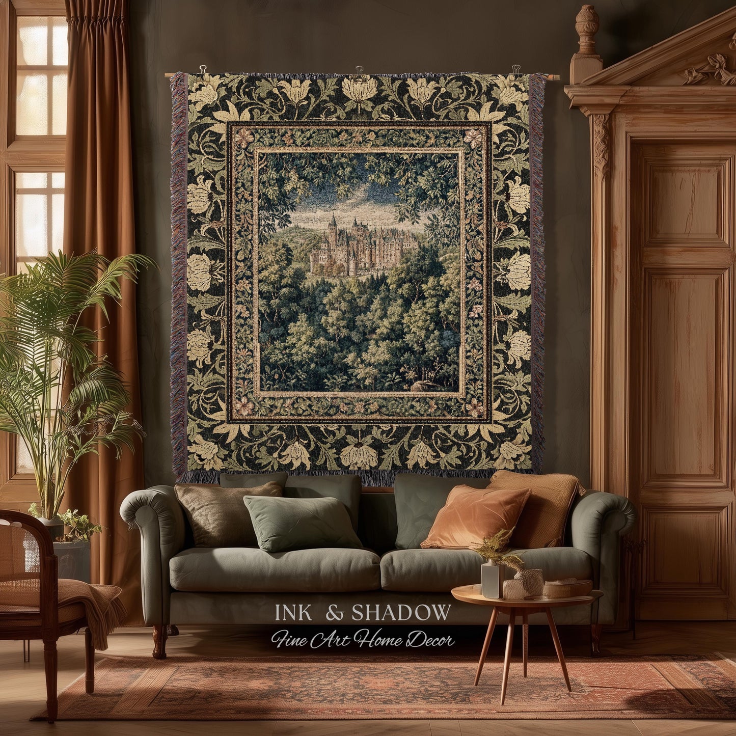 Ethereal Fairytale Fantasy Castle Tapestry | Dark Academia Woodland Fairy Folklore Princess Aesthetic Magical Landscape Forestcore Romantic