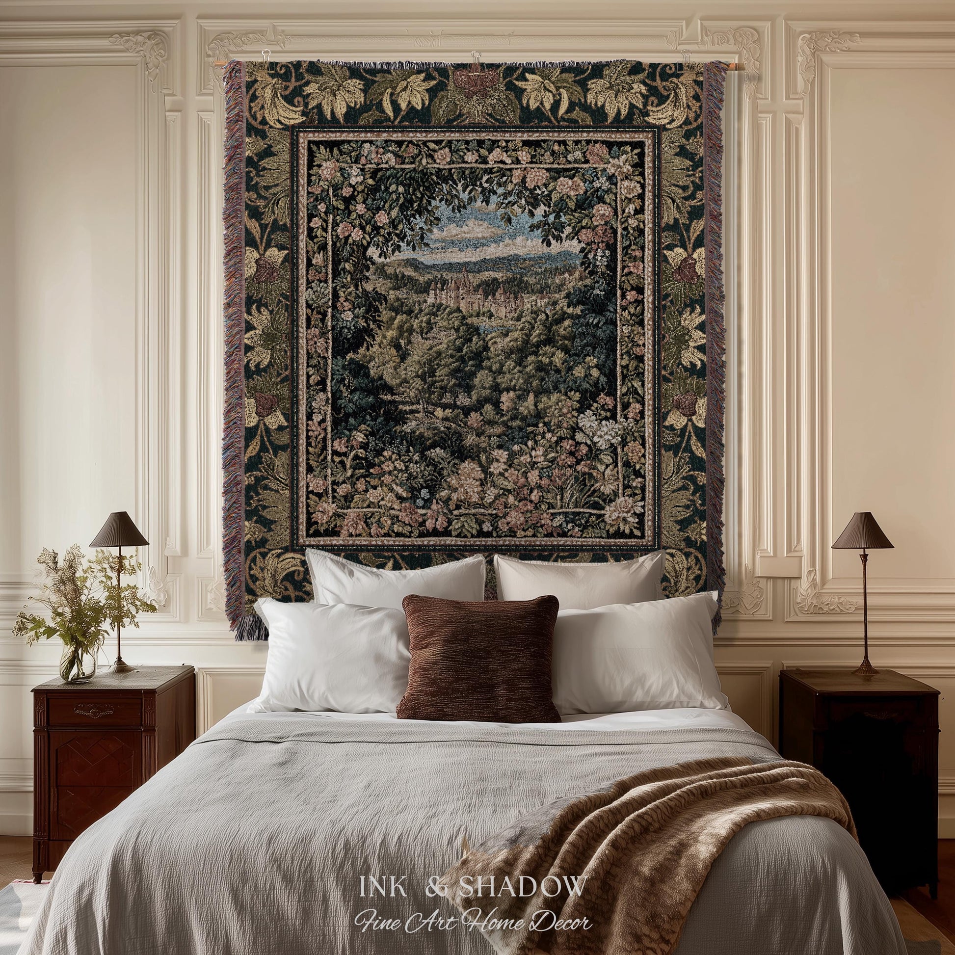 Fantasy Castle Botanical Woven Tapestry | Fairycore Princess Blanket Woodland Moody Medieval Woodland Fairytale Whimsy Whimsigothic Decor |
