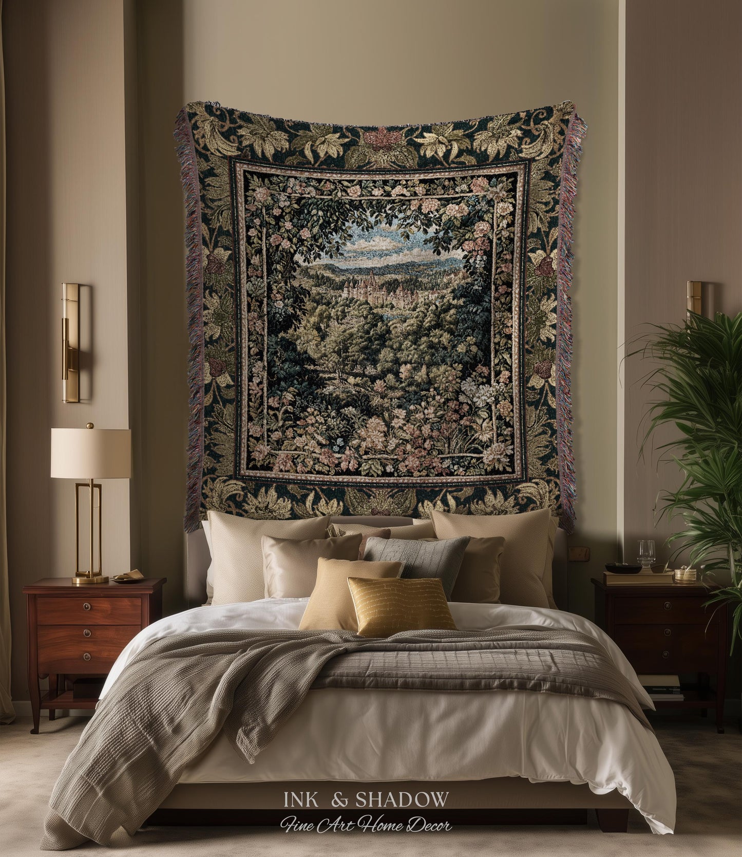 Fantasy Castle Botanical Woven Tapestry | Fairycore Princess Blanket Woodland Moody Medieval Woodland Fairytale Whimsy Whimsigothic Decor |