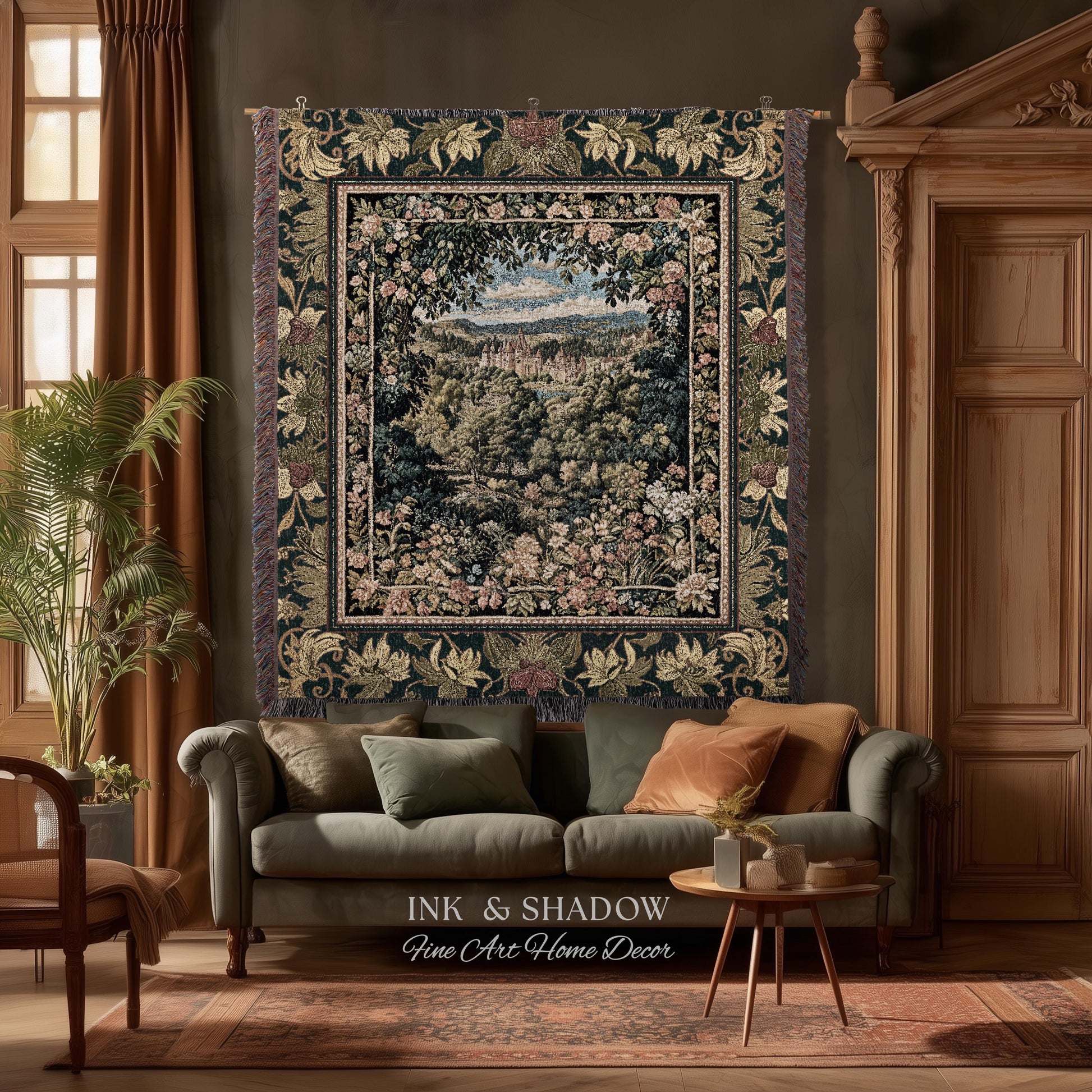 Fantasy Castle Botanical Woven Tapestry | Fairycore Princess Blanket Woodland Moody Medieval Woodland Fairytale Whimsy Whimsigothic Decor |