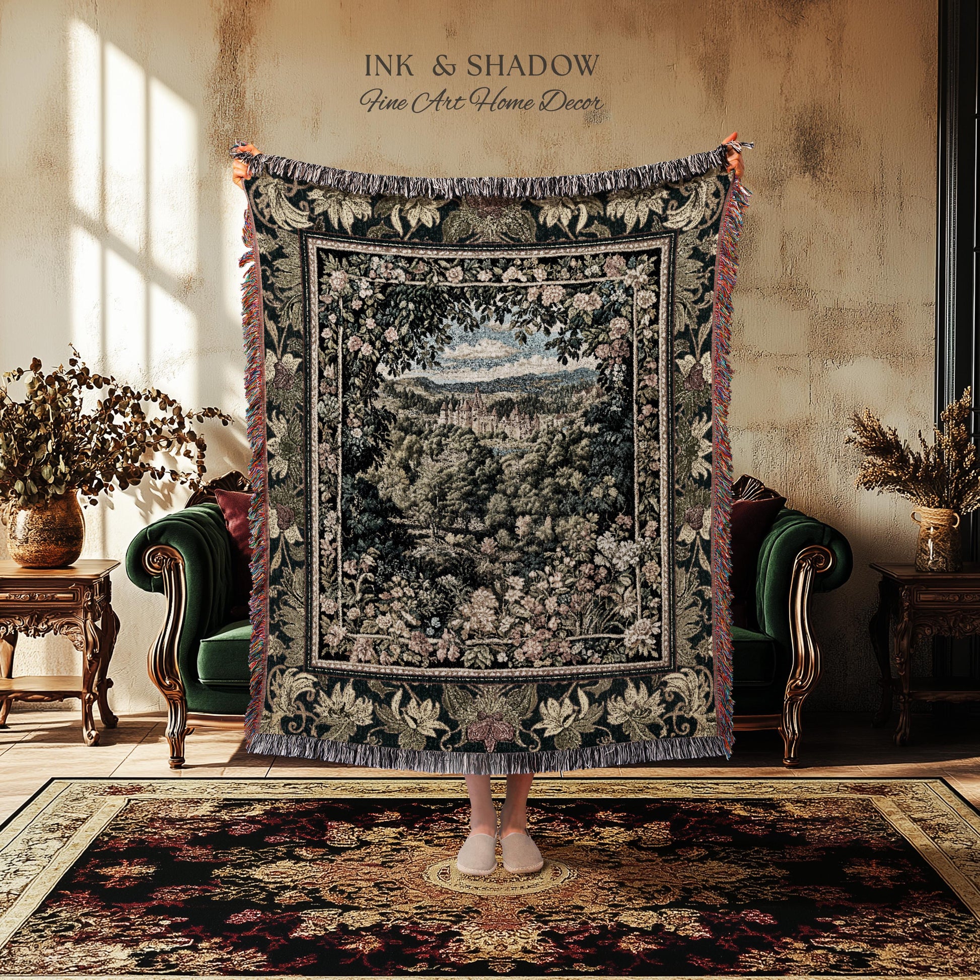 Fantasy Castle Botanical Woven Tapestry | Fairycore Princess Blanket Woodland Moody Medieval Woodland Fairytale Whimsy Whimsigothic Decor |