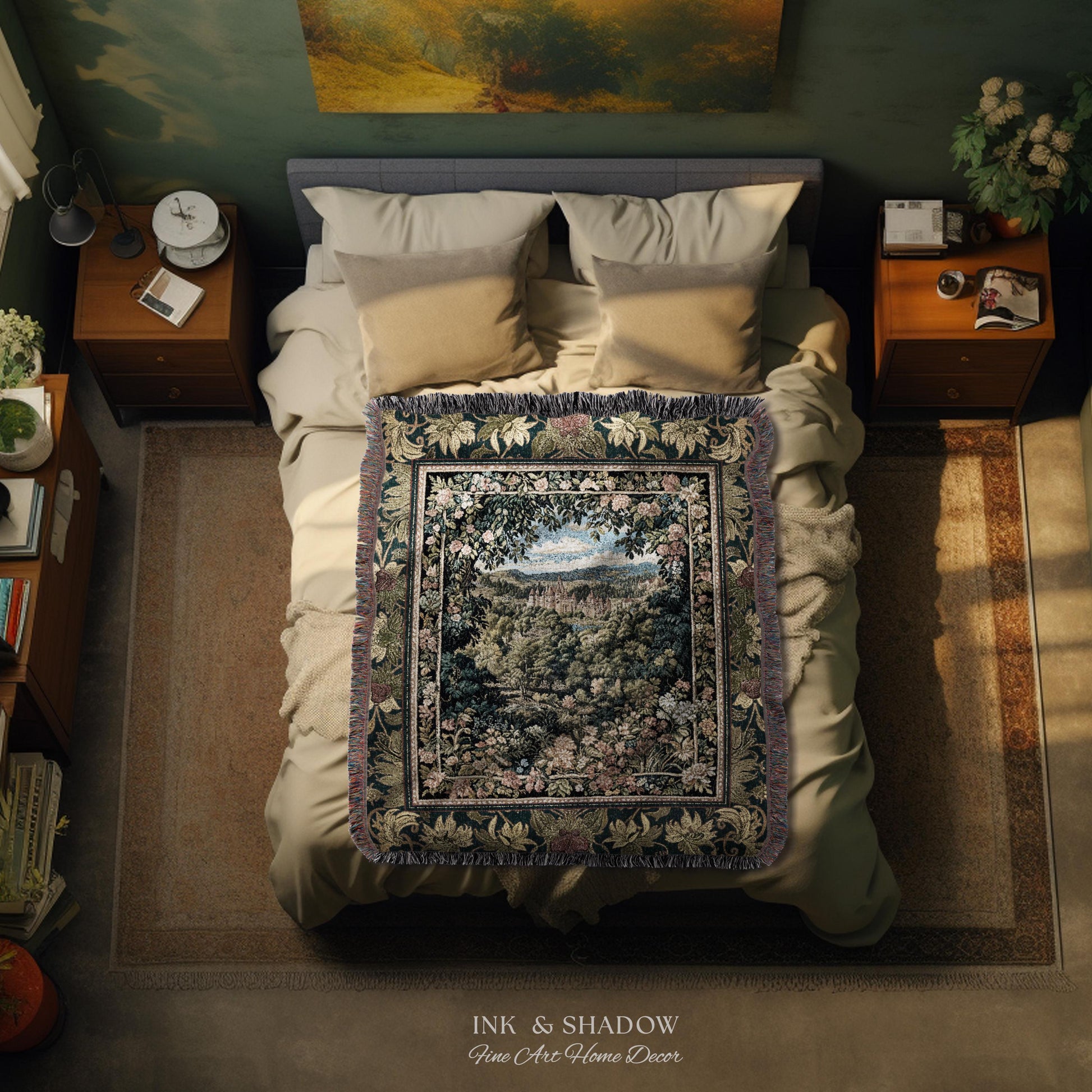 Fantasy Castle Botanical Woven Tapestry | Fairycore Princess Blanket Woodland Moody Medieval Woodland Fairytale Whimsy Whimsigothic Decor |