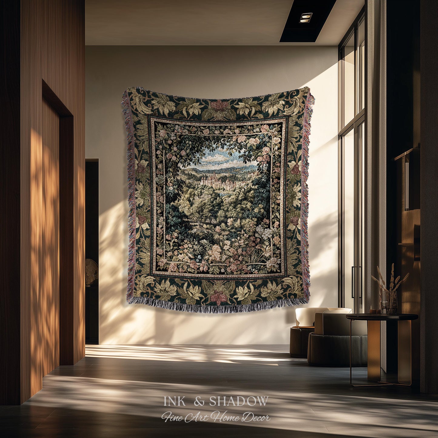 Fantasy Castle Botanical Woven Tapestry | Fairycore Princess Blanket Woodland Moody Medieval Woodland Fairytale Whimsy Whimsigothic Decor |