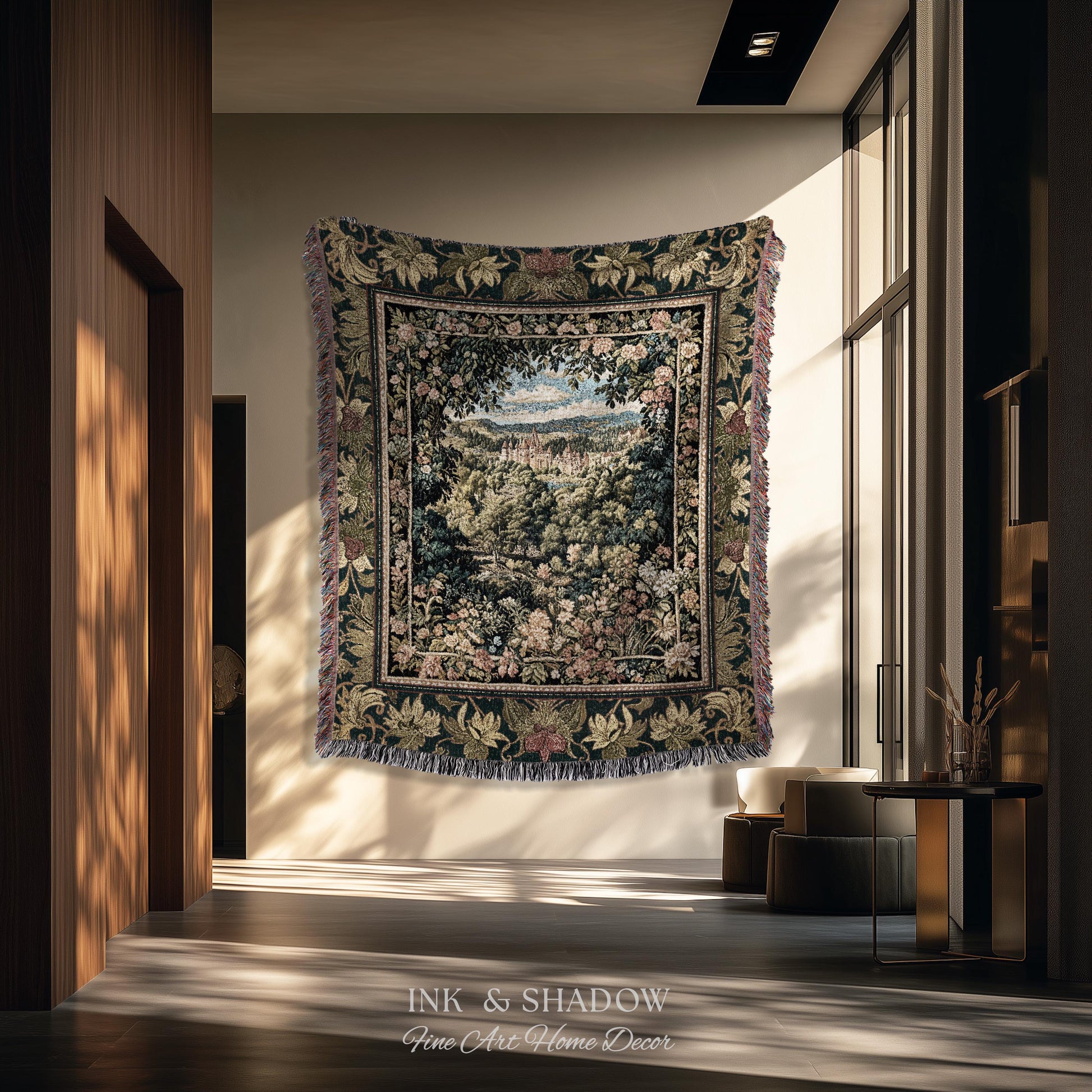 Fantasy Castle Botanical Woven Tapestry | Fairycore Princess Blanket Woodland Moody Medieval Woodland Fairytale Whimsy Whimsigothic Decor |