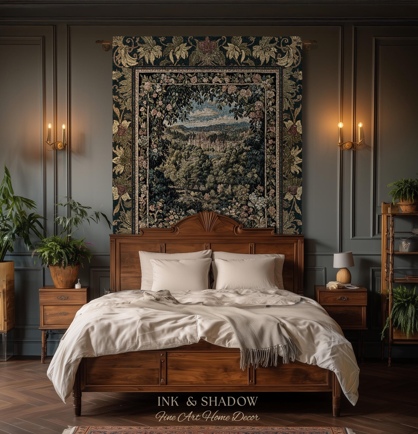 Fantasy Castle Botanical Woven Tapestry | Fairycore Princess Blanket Woodland Moody Medieval Woodland Fairytale Whimsy Whimsigothic Decor |