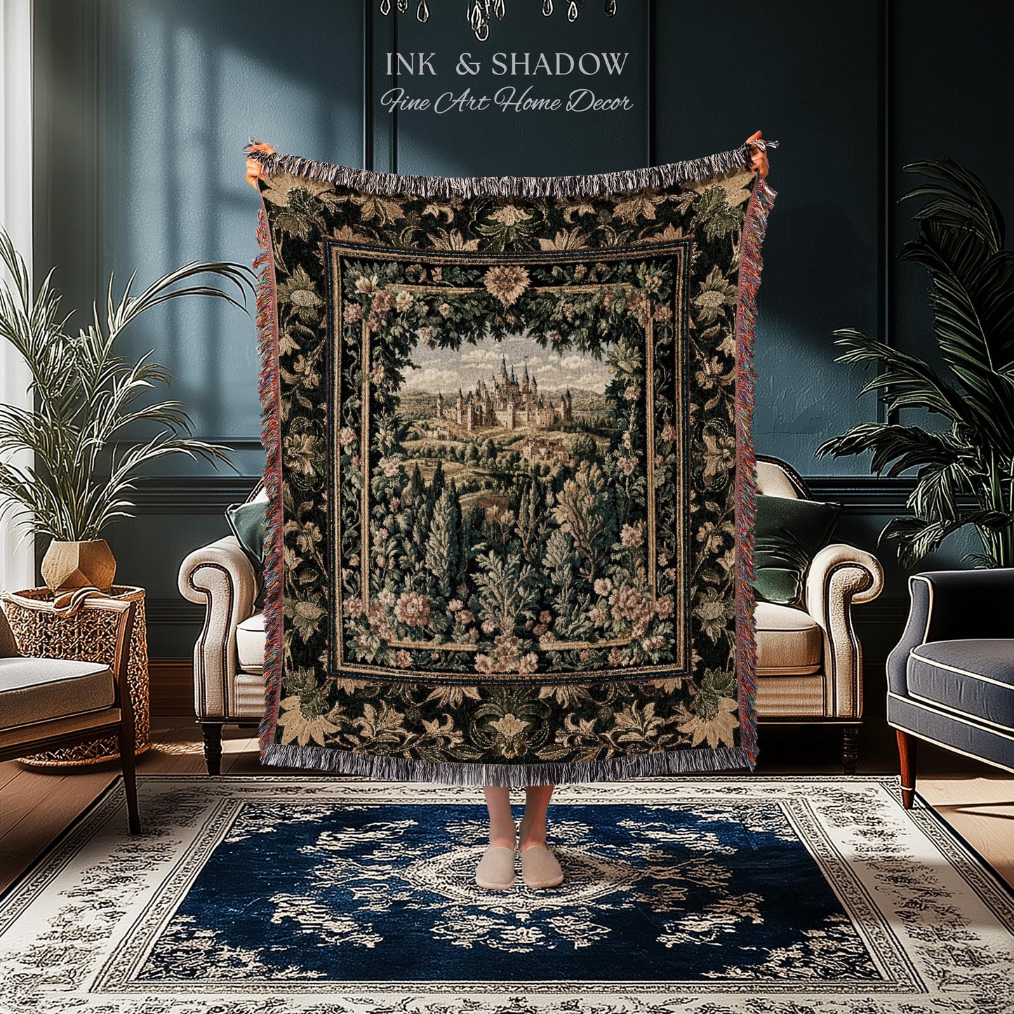 Dark Academia Victorian Royal Tapestry | Fantasy Blanket Woven Decor Woodland Princess Medieval Rustic Floral Landscape Coquette Maximalist