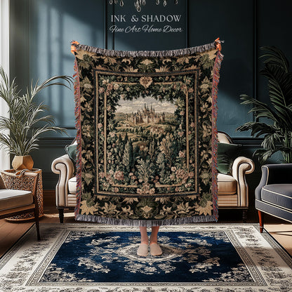 Dark Academia Victorian Royal Tapestry | Fantasy Blanket Woven Decor Woodland Princess Medieval Rustic Floral Landscape Coquette Maximalist