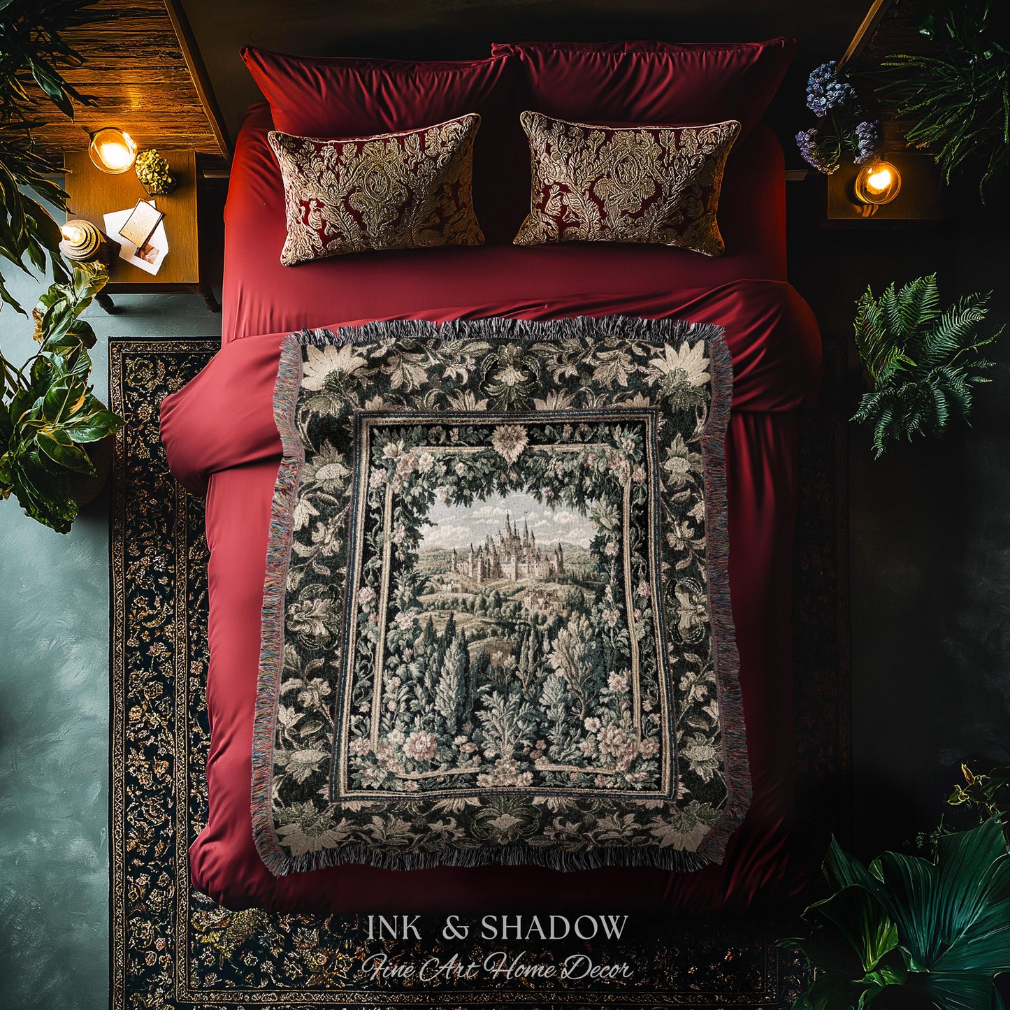 Dark Academia Victorian Royal Tapestry | Fantasy Blanket Woven Decor Woodland Princess Medieval Rustic Floral Landscape Coquette Maximalist