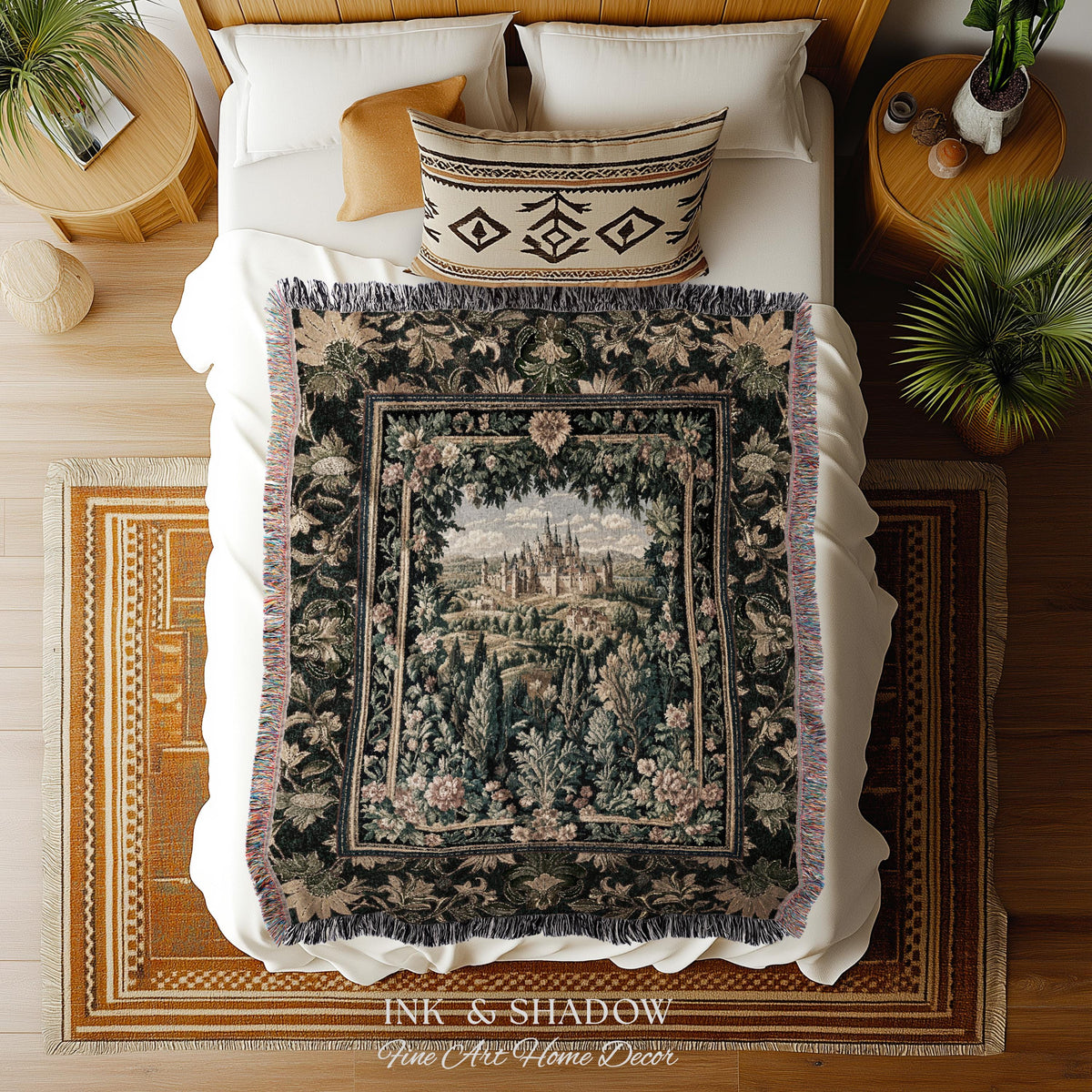 Dark Academia Victorian Royal Tapestry | Fantasy Blanket Woven Decor Woodland Princess Medieval Rustic Floral Landscape Coquette Maximalist