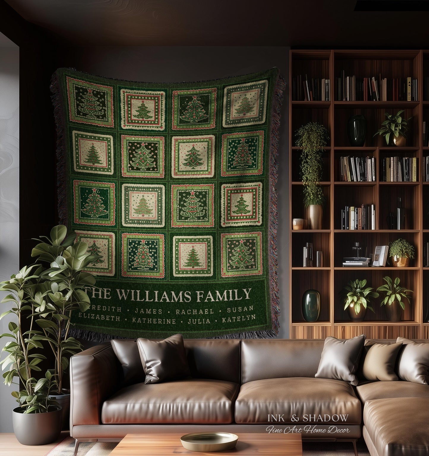Personalized Family Christmas Tree Blanket with Names Sentimental Gift for Grandparents Custom Nostalgic Cottagecore Festive Tapestry Throw