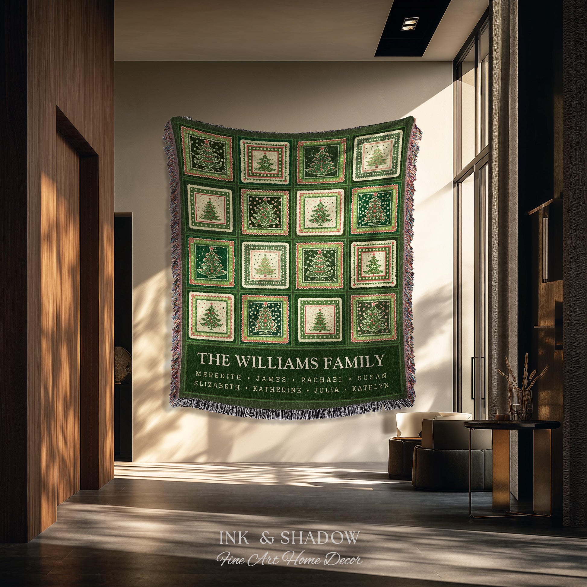 Personalized Family Christmas Tree Blanket with Names Sentimental Gift for Grandparents Custom Nostalgic Cottagecore Festive Tapestry Throw