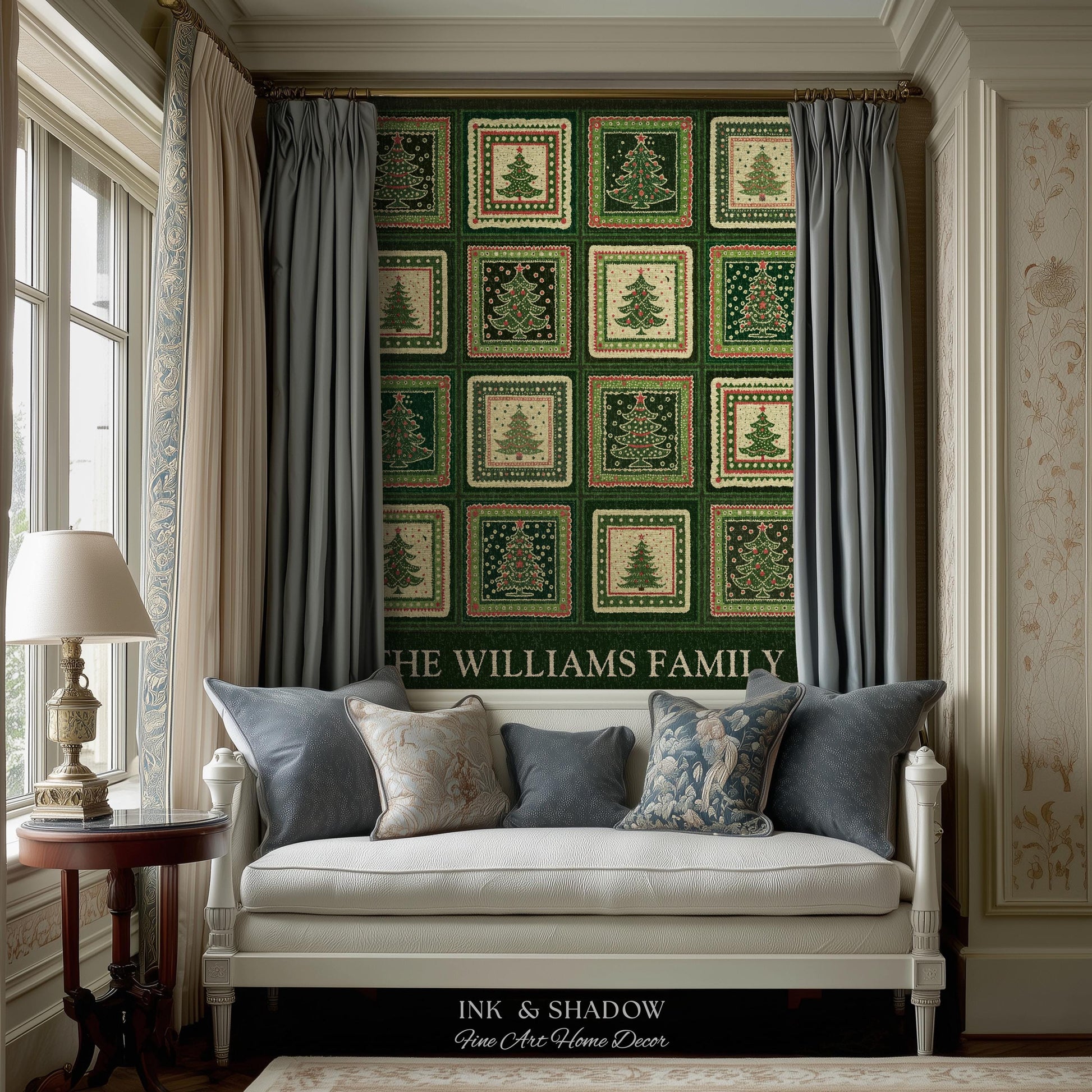 Personalized Family Christmas Tree Blanket with Names Sentimental Gift for Grandparents Custom Nostalgic Cottagecore Festive Tapestry Throw
