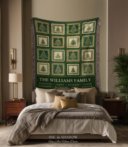 Personalized Family Christmas Tree Blanket with Names Sentimental Gift for Grandparents Custom Nostalgic Cottagecore Festive Tapestry Throw