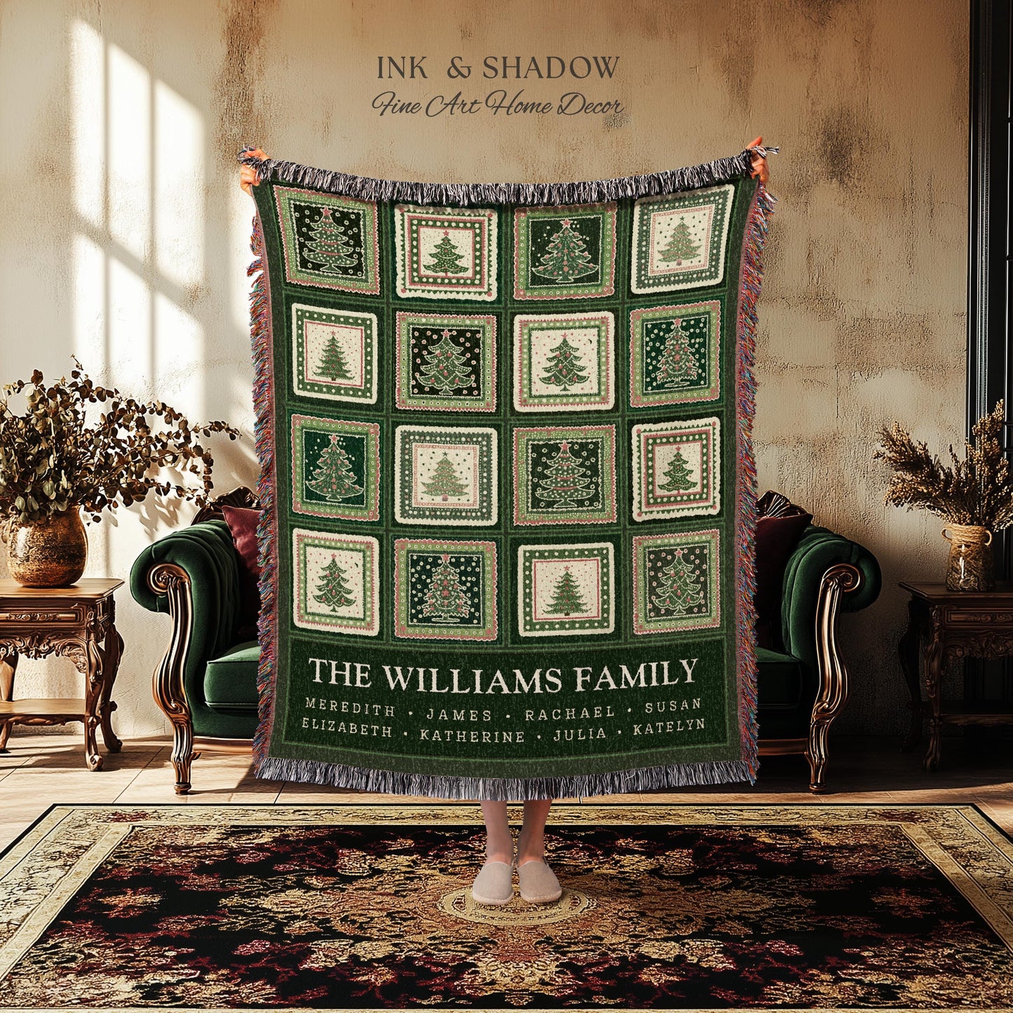 Personalized Family Christmas Tree Blanket with Names Sentimental Gift for Grandparents Custom Nostalgic Cottagecore Festive Tapestry Throw