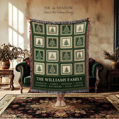 Personalized Family Christmas Tree Blanket with Names Sentimental Gift for Grandparents Custom Nostalgic Cottagecore Festive Tapestry Throw
