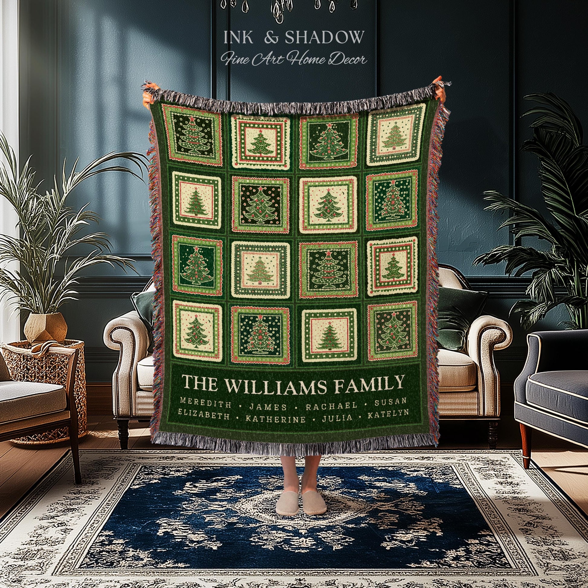 Personalized Family Christmas Tree Blanket with Names Sentimental Gift for Grandparents Custom Nostalgic Cottagecore Festive Tapestry Throw