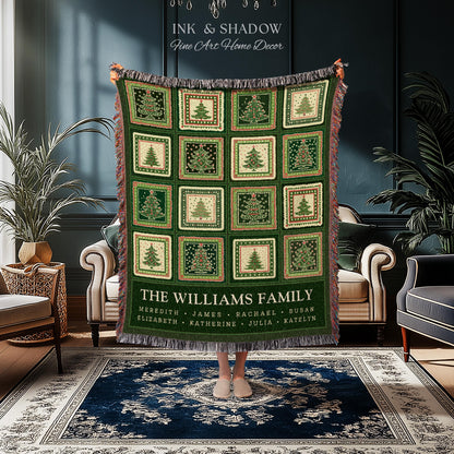 Personalized Family Christmas Tree Blanket with Names Sentimental Gift for Grandparents Custom Nostalgic Cottagecore Festive Tapestry Throw