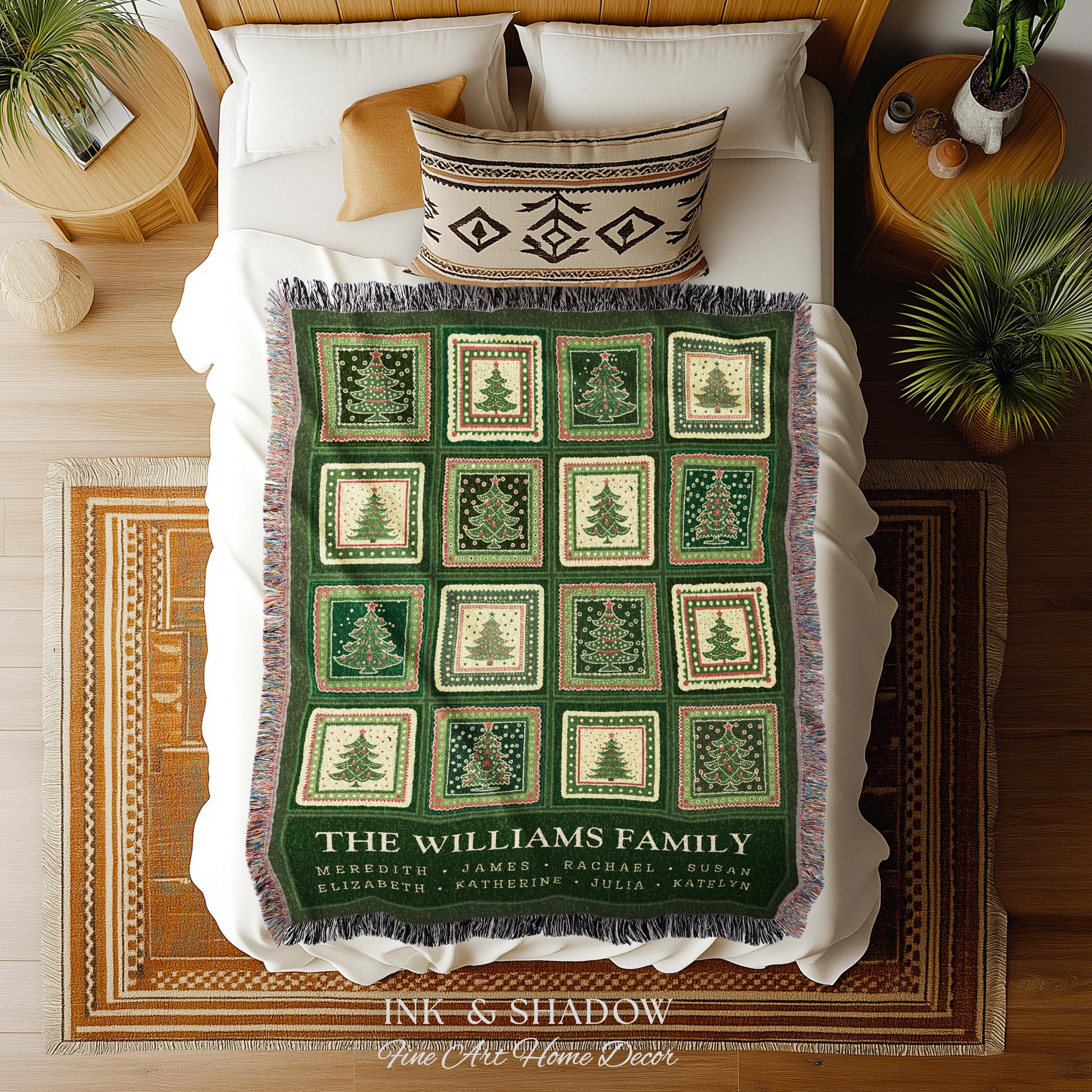 Personalized Family Christmas Tree Blanket with Names Sentimental Gift for Grandparents Custom Nostalgic Cottagecore Festive Tapestry Throw