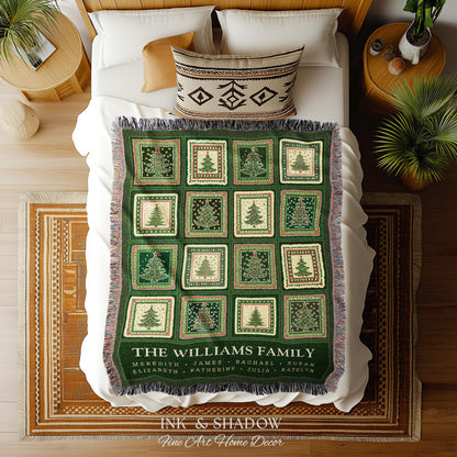 Personalized Family Christmas Tree Blanket with Names Sentimental Gift for Grandparents Custom Nostalgic Cottagecore Festive Tapestry Throw