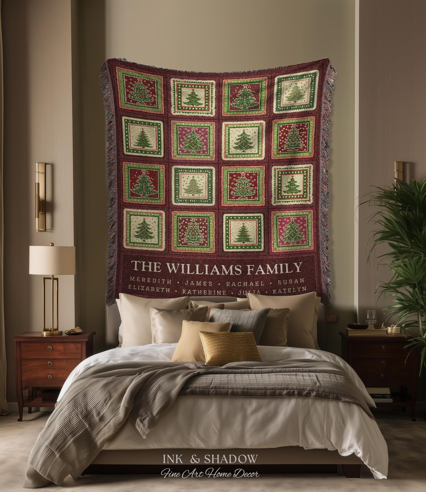 Family Tree Personalized Festive Christmas Tapestry Blanket Sentimental Gift for Grandparent with Names Custom Vintage Style Holiday Throw