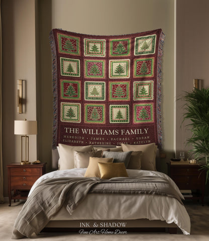 Family Tree Personalized Festive Christmas Tapestry Blanket Sentimental Gift for Grandparent with Names Custom Vintage Style Holiday Throw