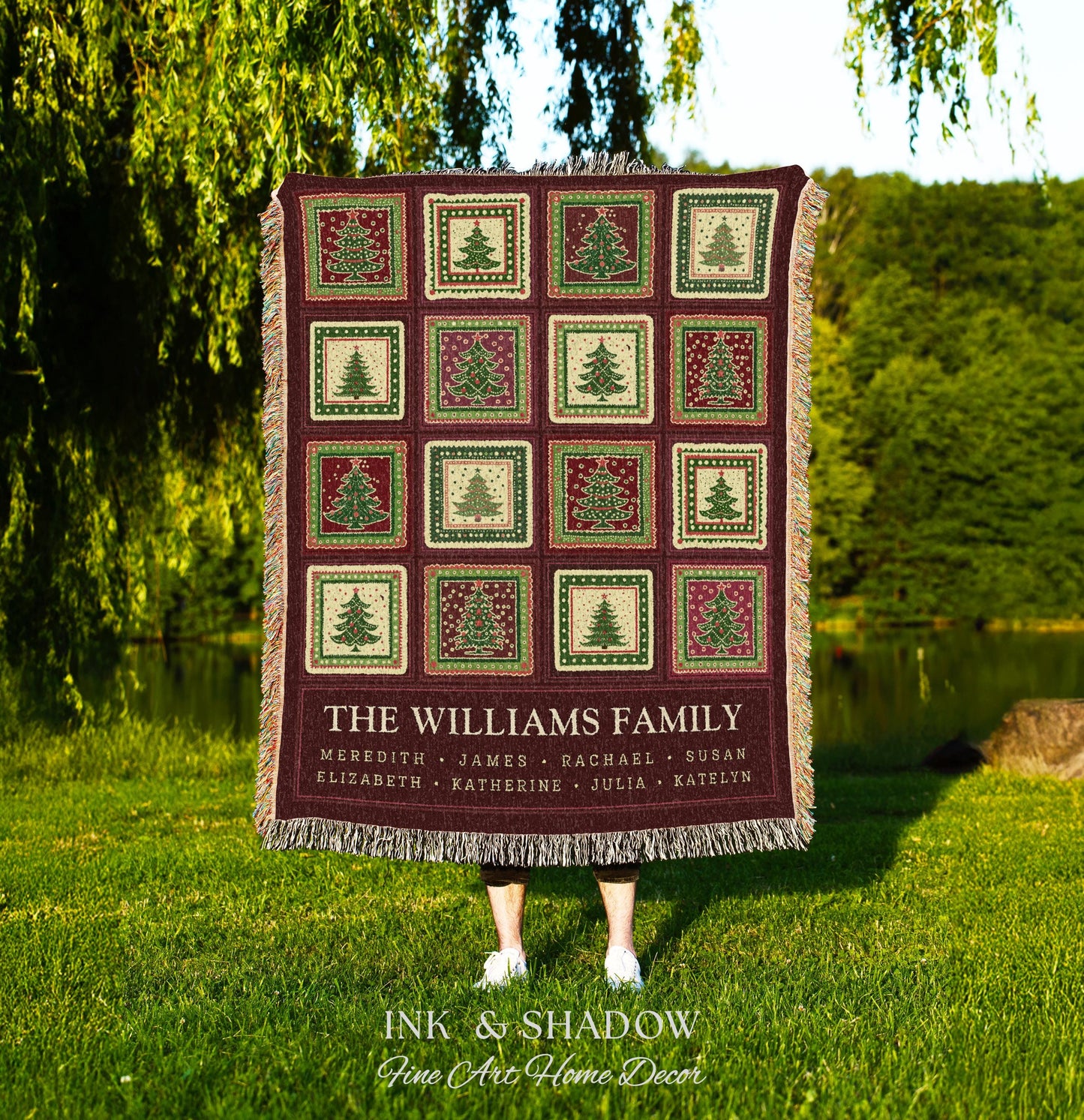 Family Tree Personalized Festive Christmas Tapestry Blanket Sentimental Gift for Grandparent with Names Custom Vintage Style Holiday Throw