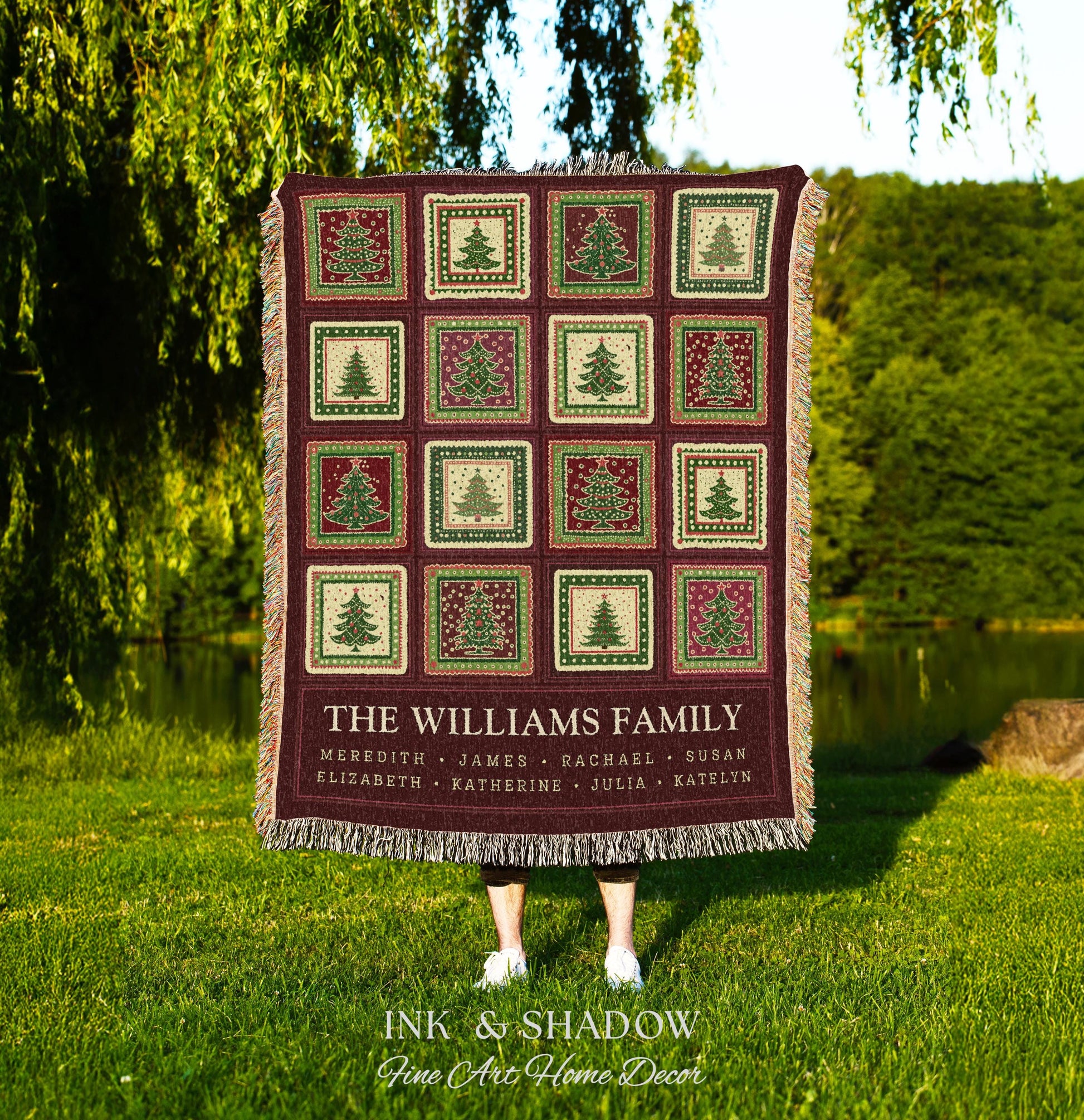 Family Tree Personalized Festive Christmas Tapestry Blanket Sentimental Gift for Grandparent with Names Custom Vintage Style Holiday Throw