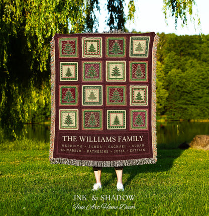 Family Tree Personalized Festive Christmas Tapestry Blanket Sentimental Gift for Grandparent with Names Custom Vintage Style Holiday Throw