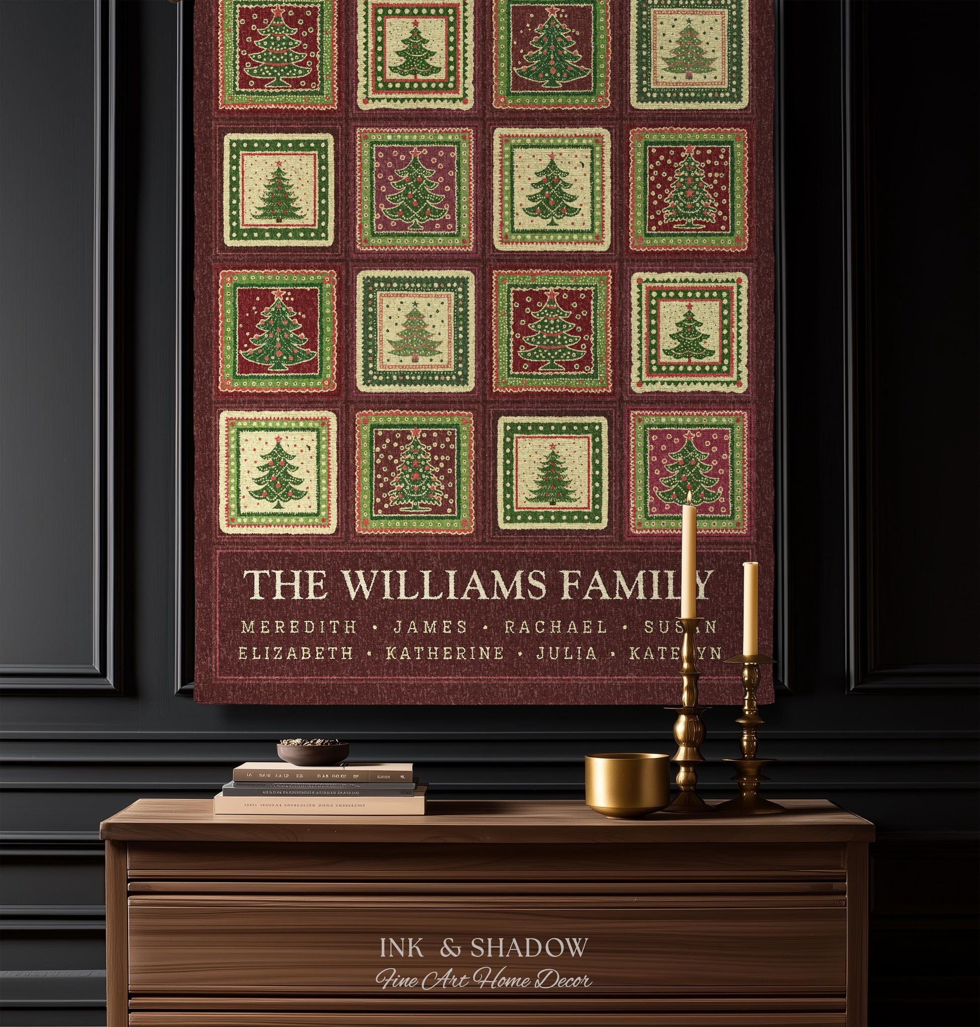 Family Tree Personalized Festive Christmas Tapestry Blanket Sentimental Gift for Grandparent with Names Custom Vintage Style Holiday Throw